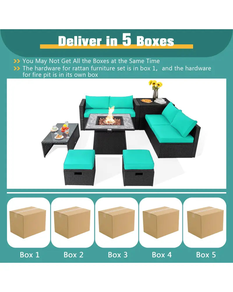9 Pieces Outdoor Wicker Sectional with 35 Inch Gas Fire Pit Table-Turquoise - Turquoise - Outdoor Sectionals