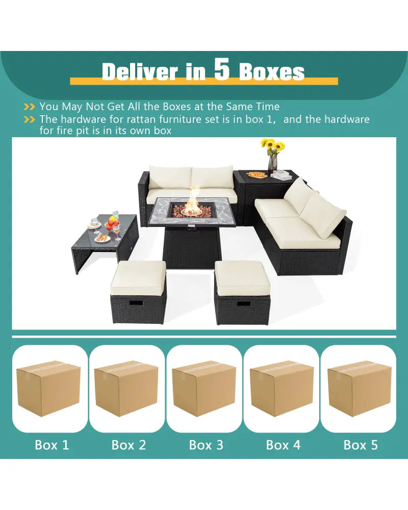 9 Pieces Outdoor Wicker Sectional with 35 Inch Gas Fire Pit Table-Off White - Off White - Outdoor Sectionals