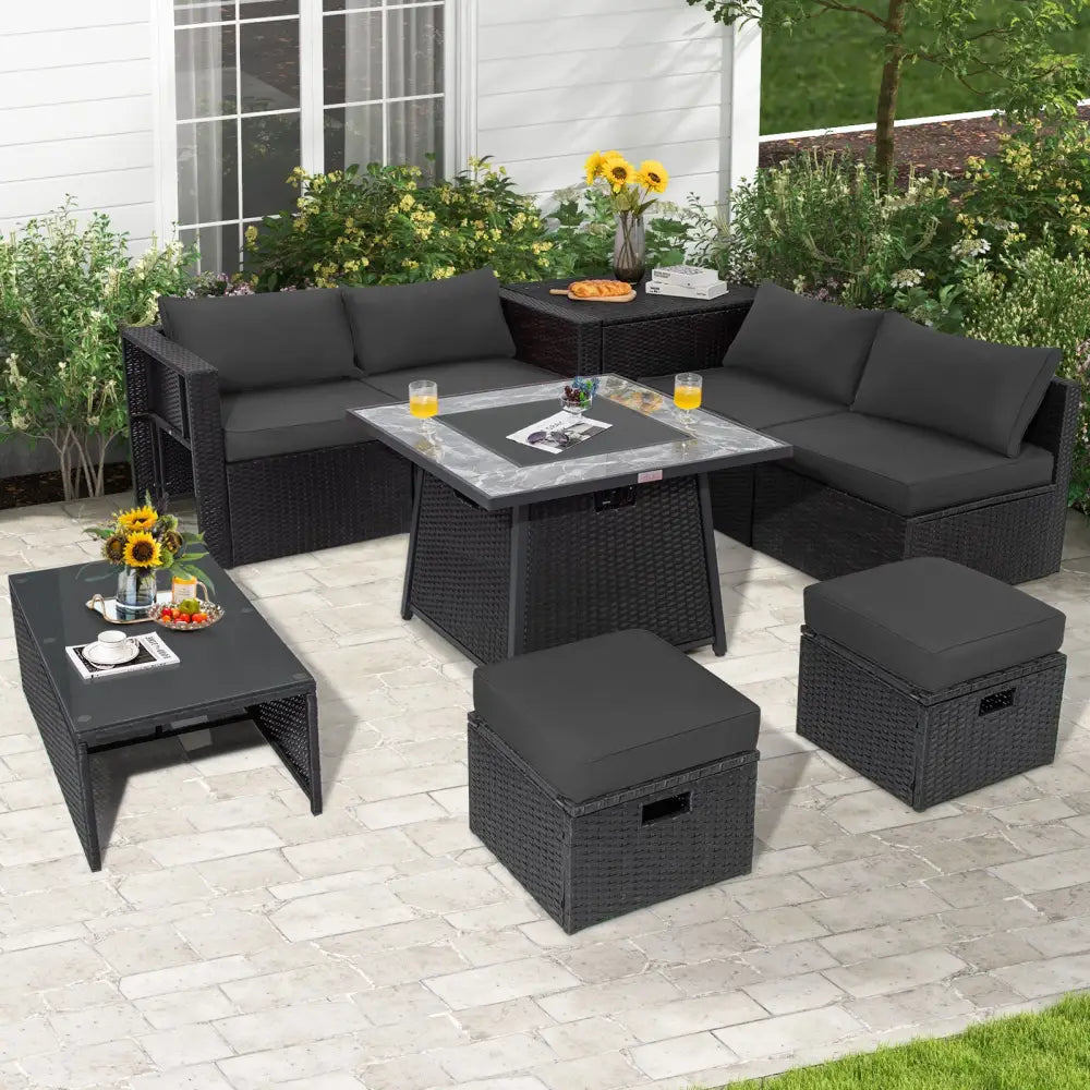 9 Pieces Outdoor Wicker Sectional with 35 Inch Gas Fire Pit Table-Gray - Gray - Outdoor Sectionals