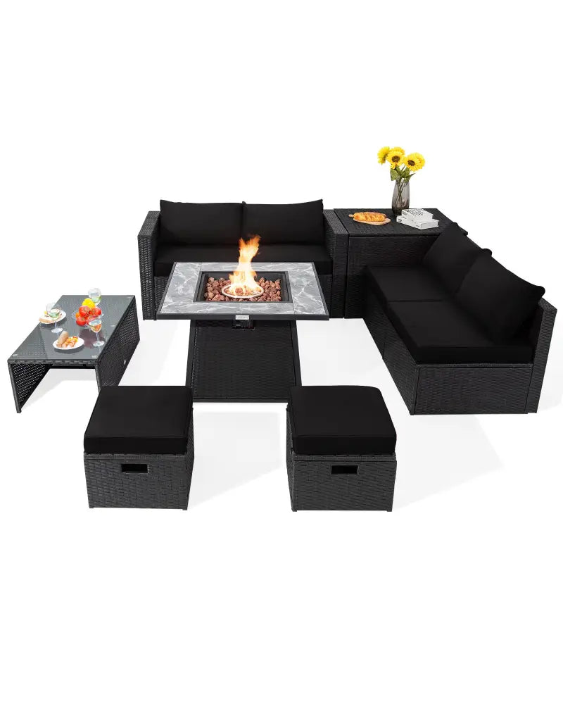9 Pieces Outdoor Wicker Sectional with 35 Inch Gas Fire Pit Table-Black - Black - Outdoor Sectionals
