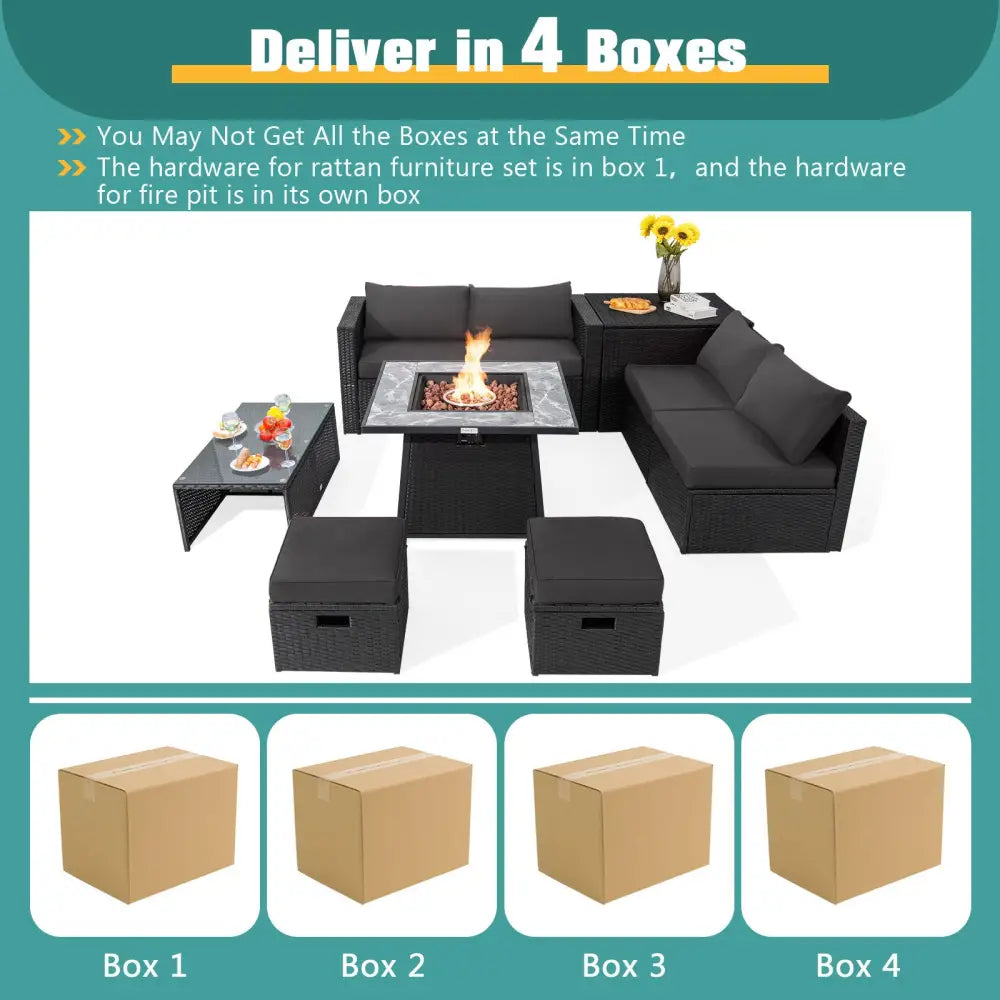 9 Pieces Outdoor Wicker Sectional with 35 Inch Gas Fire Pit Table-Gray - Gray - Outdoor Sectionals