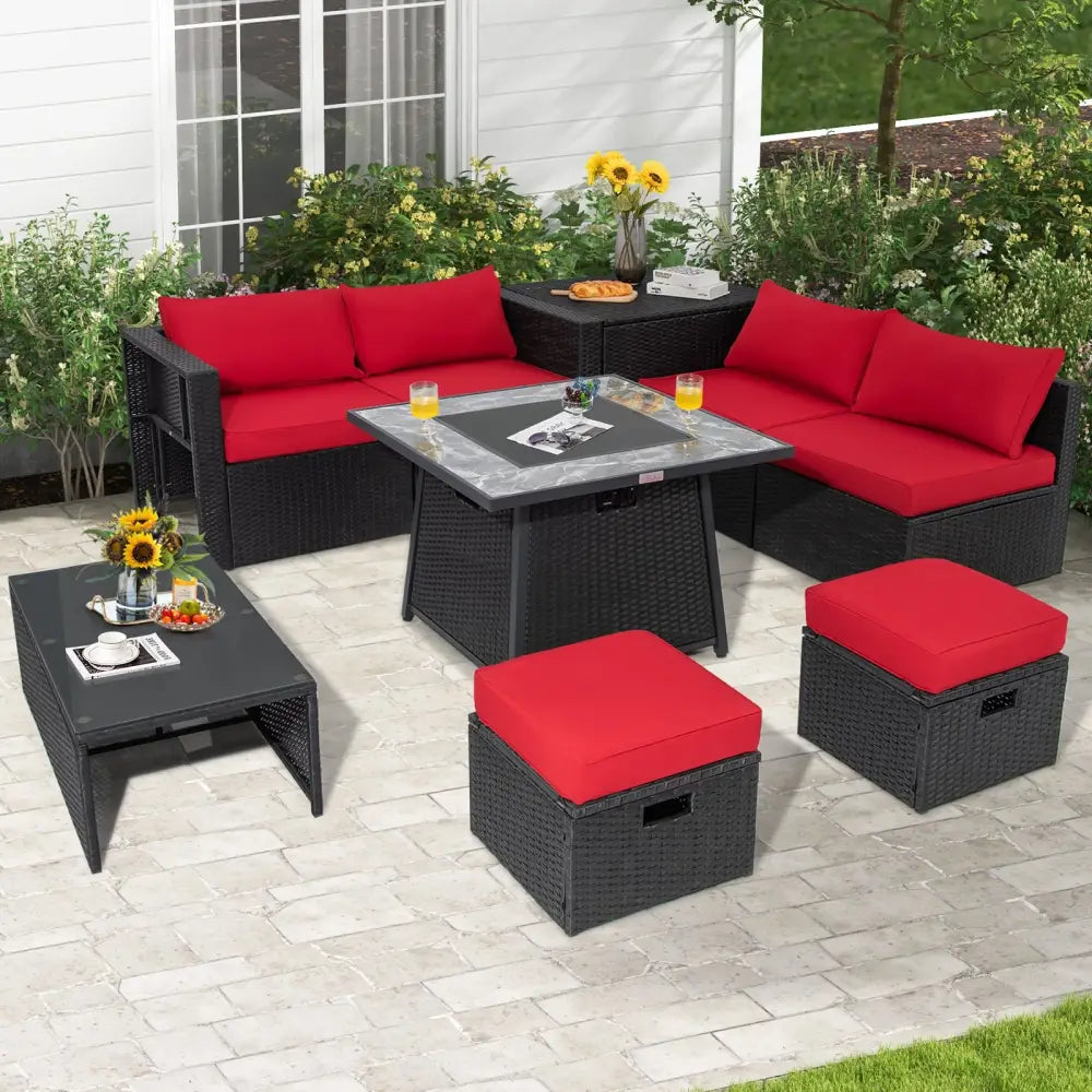 9 Pieces Outdoor Wicker Sectional with 35 Inch Gas Fire Pit Table-Red - Red - Outdoor Sectionals
