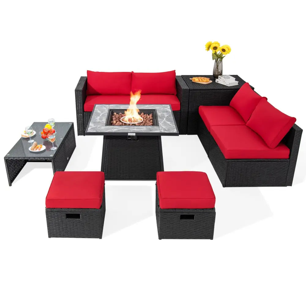 9 Pieces Outdoor Wicker Sectional with 35 Inch Gas Fire Pit Table-Red - Red - Outdoor Sectionals