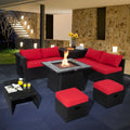 9 Pieces Outdoor Wicker Sectional with 35 Inch Gas Fire Pit Table-Red - Red - Outdoor Sectionals