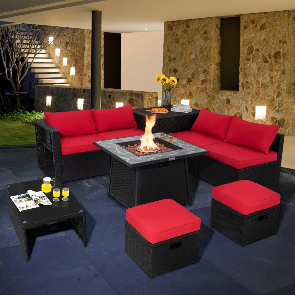 9 Pieces Outdoor Wicker Sectional with 35 Inch Gas Fire Pit Table-Red - Red - Outdoor Sectionals