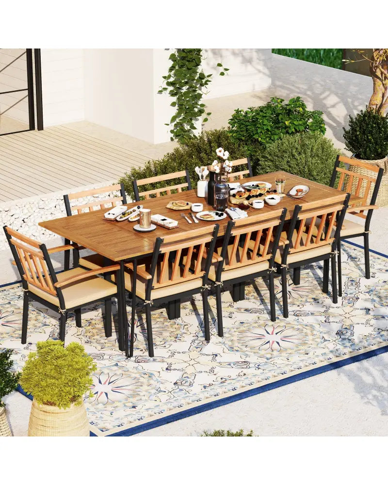 9 Pieces Patio Dining Outdoor Furniture Set with 8 Chairs and Umbrella Hole - Natural - Patio Dining Sets