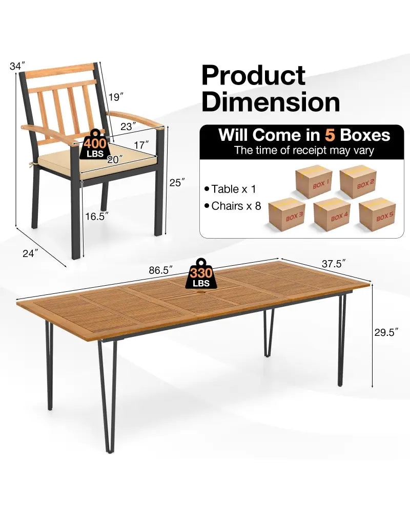 9 Pieces Patio Dining Outdoor Furniture Set with 8 Chairs and Umbrella Hole - Natural - Patio Dining Sets