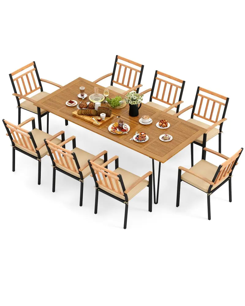 9 Pieces Patio Dining Outdoor Furniture Set with 8 Chairs and Umbrella Hole - Natural - Patio Dining Sets
