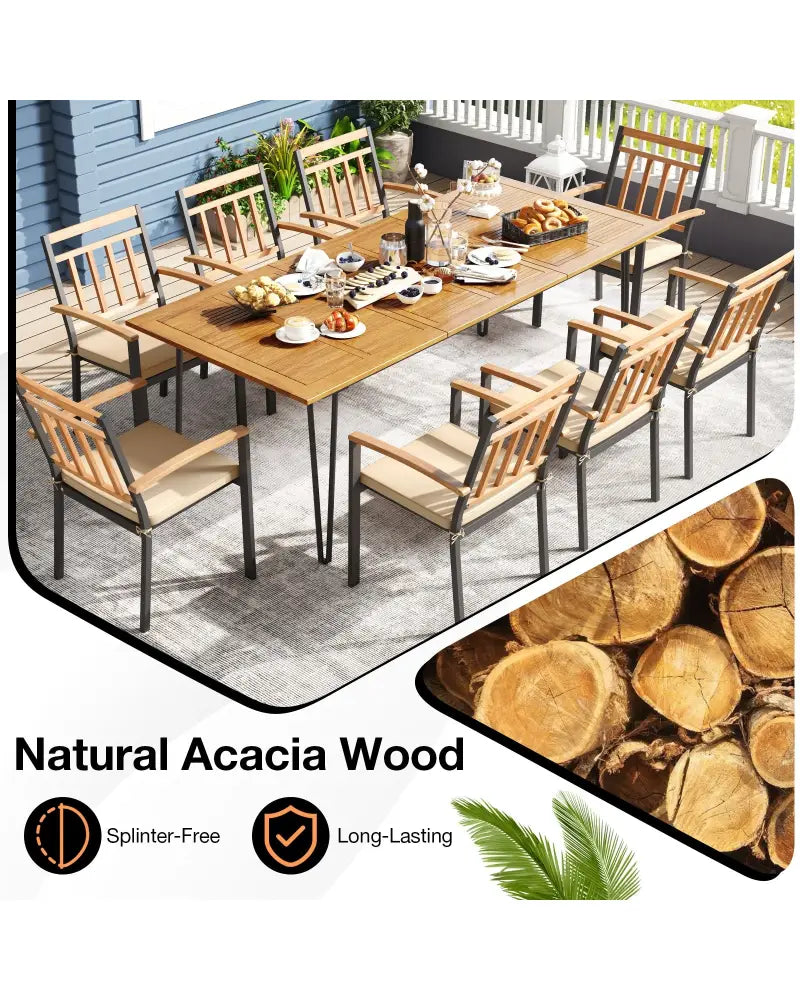 9 Pieces Patio Dining Outdoor Furniture Set with 8 Chairs and Umbrella Hole - Natural - Patio Dining Sets