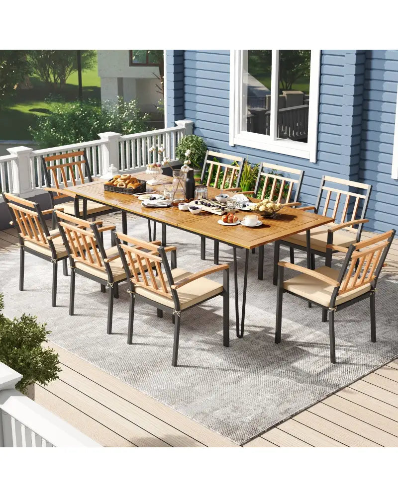 9 Pieces Patio Dining Outdoor Furniture Set with 8 Chairs and Umbrella Hole - Natural - Patio Dining Sets
