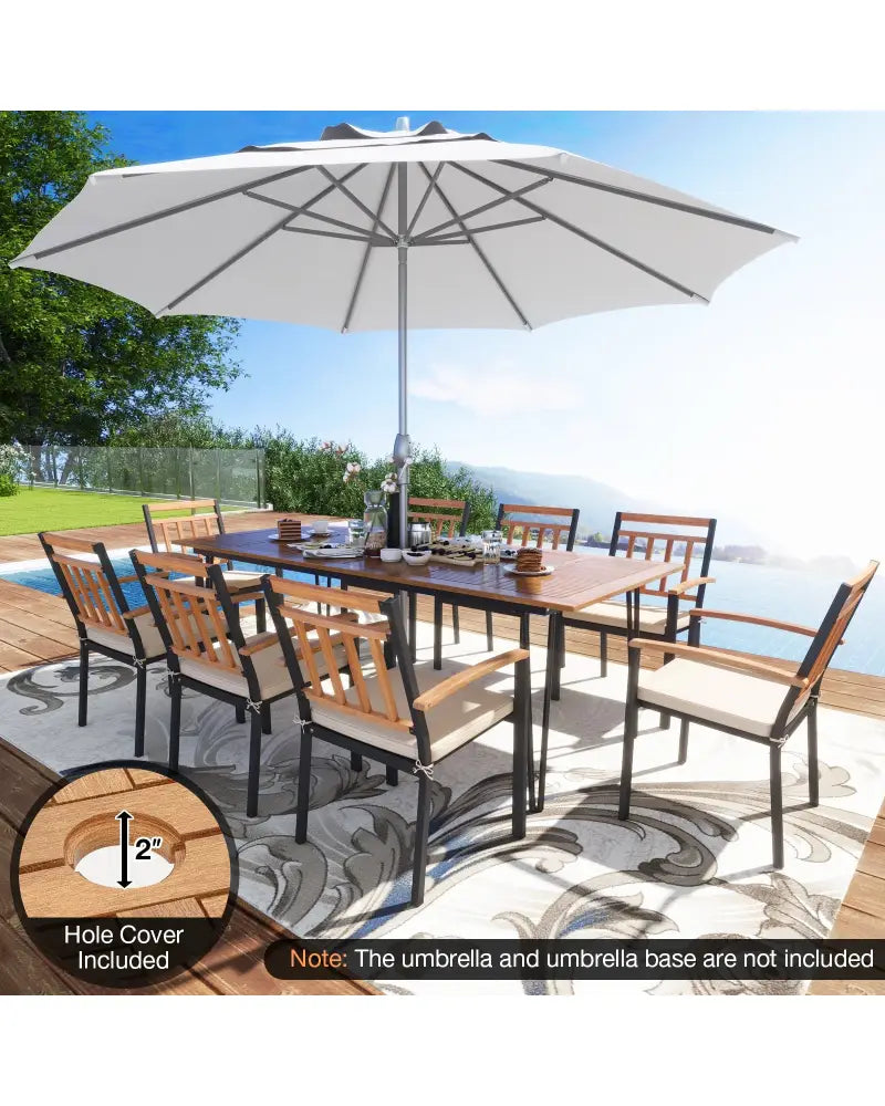 9 Pieces Patio Dining Outdoor Furniture Set with 8 Chairs and Umbrella Hole - Natural - Patio Dining Sets