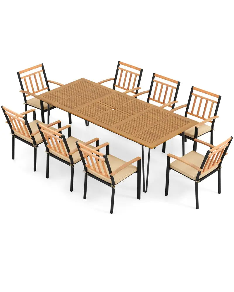 9 Pieces Patio Dining Outdoor Furniture Set with 8 Chairs and Umbrella Hole - Natural - Patio Dining Sets