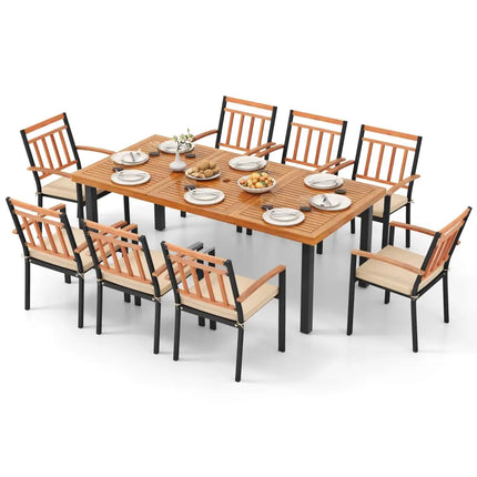 9 Pieces Patio Dining Set 39.5 Inch Acacia Wood Table with Umbrella Hole and 24-Inch Wide Chairs - Natural - Patio