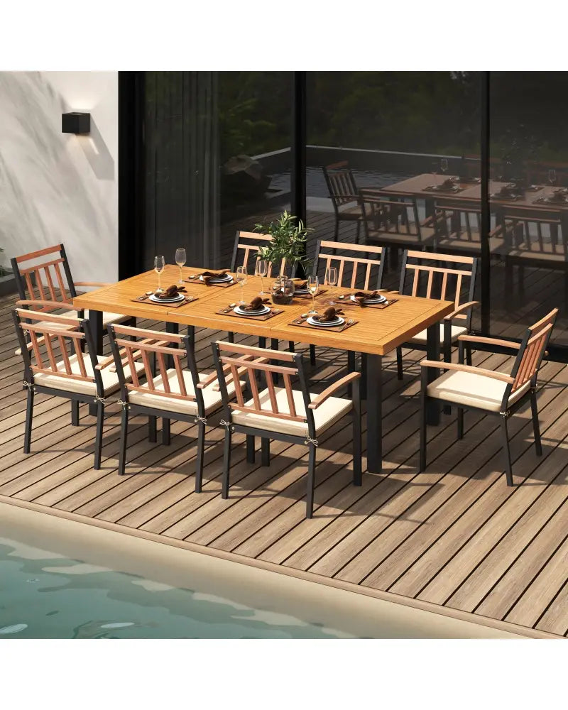 9 Pieces Patio Dining Set 39.5 Inch Acacia Wood Table with Umbrella Hole and 24-Inch Wide Chairs - Natural - Patio