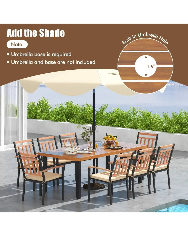 9 Pieces Patio Dining Set 39.5 Inch Acacia Wood Table with Umbrella Hole and 24-Inch Wide Chairs - Natural - Patio