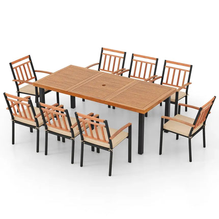 9 Pieces Patio Dining Set 39.5 Inch Acacia Wood Table with Umbrella Hole and 24-Inch Wide Chairs - Natural - Patio
