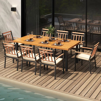 9 Pieces Patio Dining Set 39.5 Inch Acacia Wood Table with Umbrella Hole and 24-Inch Wide Chairs - Natural - Patio