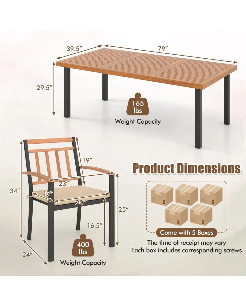 9 Pieces Patio Dining Set 39.5 Inch Acacia Wood Table with Umbrella Hole and 24-Inch Wide Chairs - Natural - Patio
