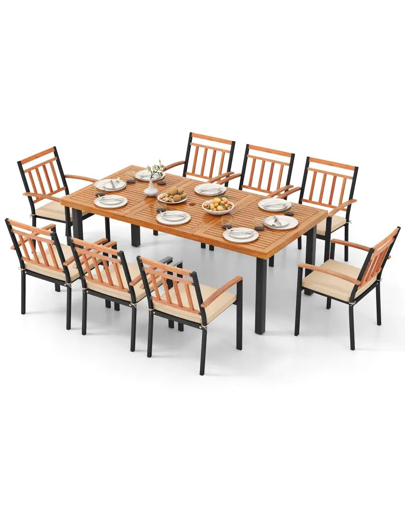 9 Pieces Patio Dining Set 39.5 Inch Acacia Wood Table with Umbrella Hole and 24-Inch Wide Chairs - Natural - Patio
