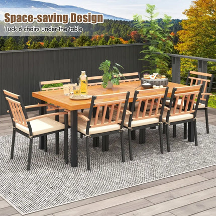 9 Pieces Patio Dining Set 39.5 Inch Acacia Wood Table with Umbrella Hole and 24-Inch Wide Chairs - Natural - Patio