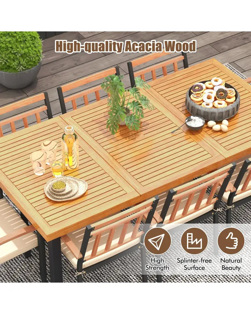 9 Pieces Patio Dining Set 39.5 Inch Acacia Wood Table with Umbrella Hole and 24-Inch Wide Chairs - Natural - Patio