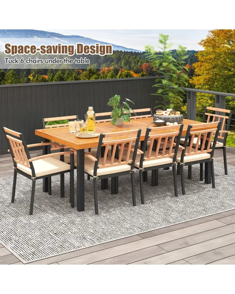9 Pieces Patio Dining Set 39.5 Inch Acacia Wood Table with Umbrella Hole and 24-Inch Wide Chairs - Natural - Patio