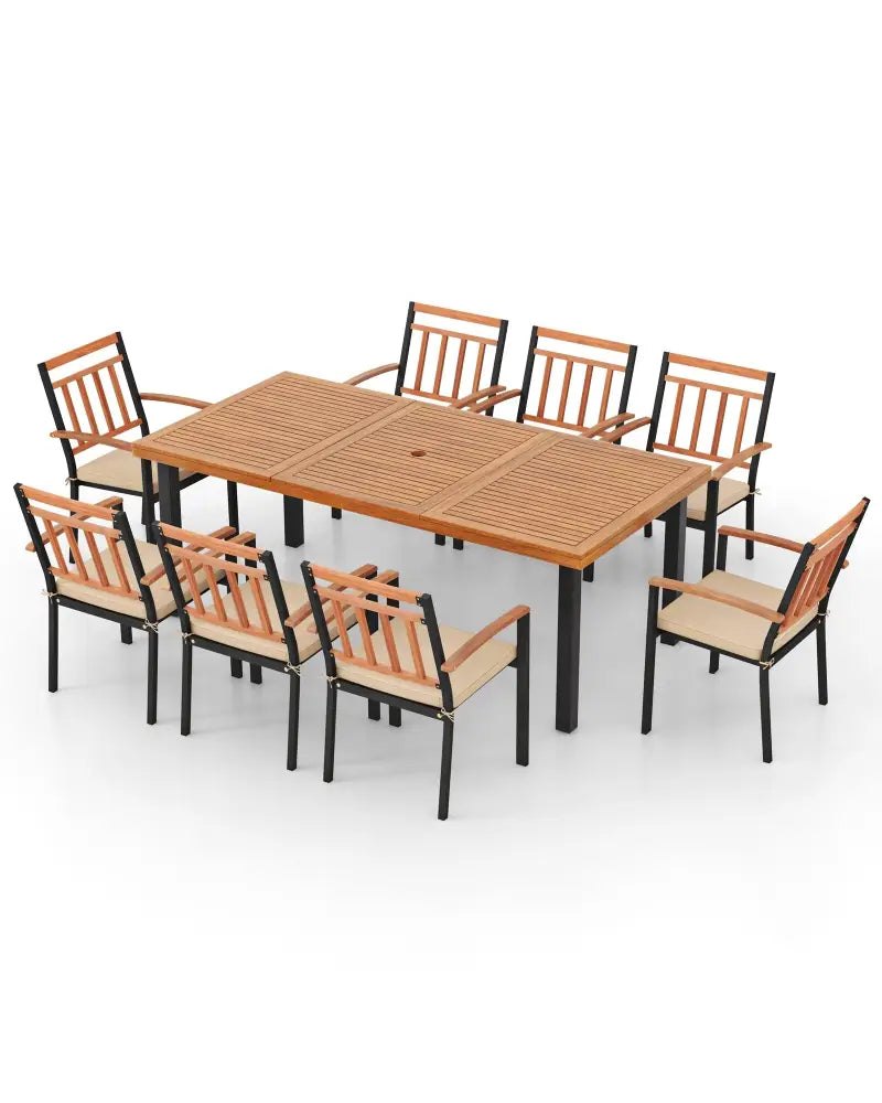 9 Pieces Patio Dining Set 39.5 Inch Acacia Wood Table with Umbrella Hole and 24-Inch Wide Chairs - Natural - Patio