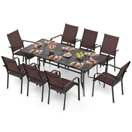 9 Pieces Patio Dining Set for 8 Outdoor Rectangular Table and Stackable Chairs-Brown - Brown - Patio Conversation Sets