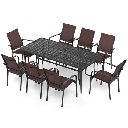 9 Pieces Patio Dining Set for 8 Outdoor Rectangular Table and Stackable Chairs-Brown - Brown - Patio Conversation Sets