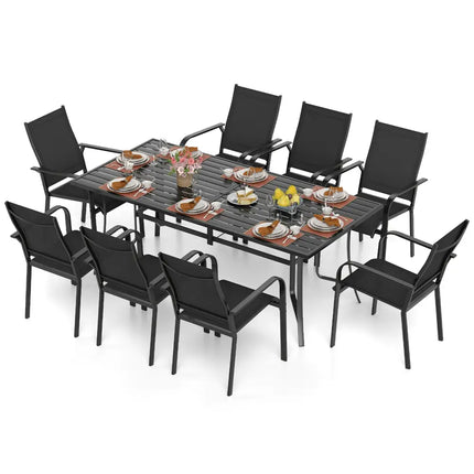 9 Pieces Patio Dining Set for 8 Stackable Chairs and Outdoor Rectangular Table-Black - Black - Patio Conversation Sets