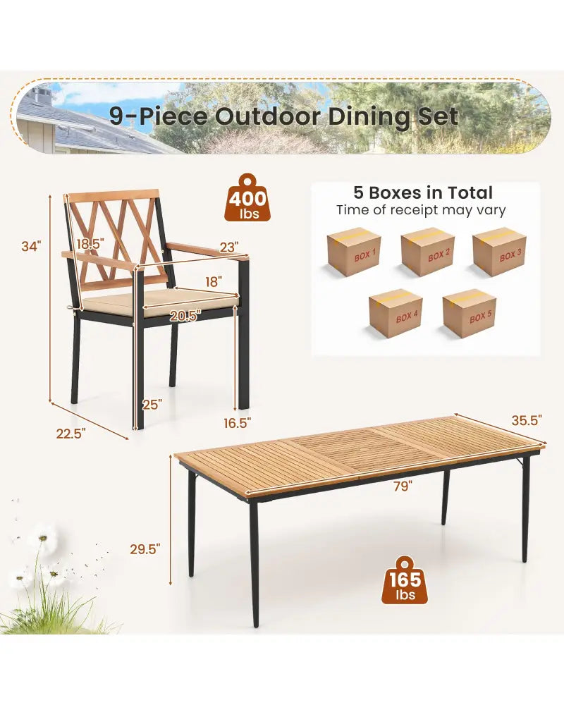 9 Pieces Patio Dining Set with 1.9 Inch Umbrella Hole and Seat Cushions - Patio Dining Sets