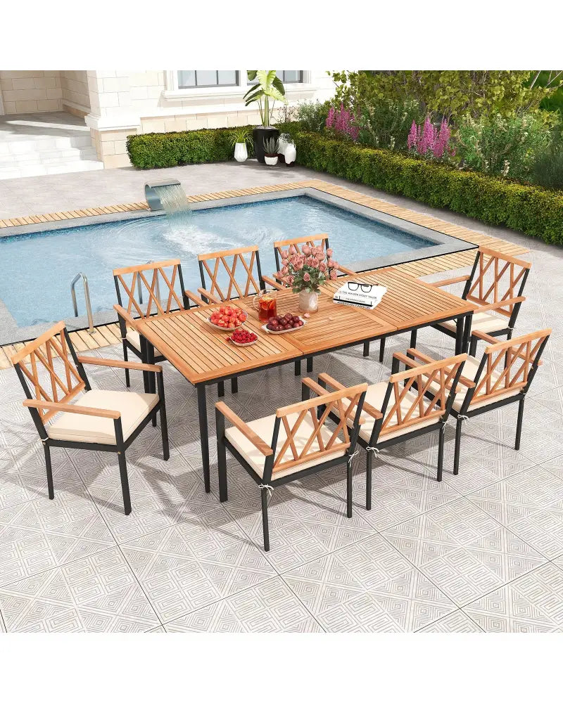 9 Pieces Patio Dining Set with 1.9 Inch Umbrella Hole and Seat Cushions - Patio Dining Sets
