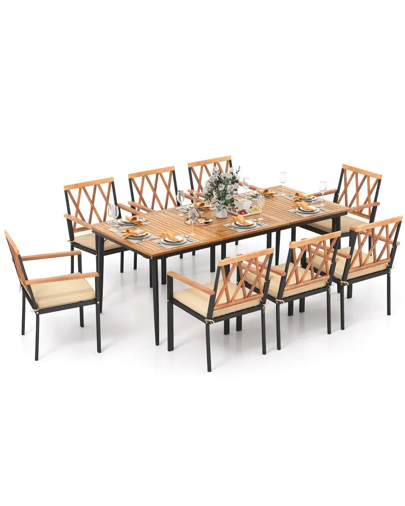 9 Pieces Patio Dining Set with 1.9 Inch Umbrella Hole and Seat Cushions - Patio Dining Sets