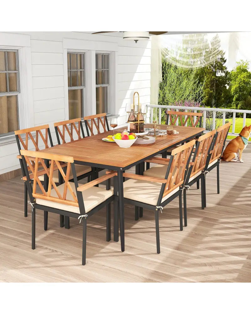 9 Pieces Patio Dining Set with 1.9 Inch Umbrella Hole and Seat Cushions - Patio Dining Sets