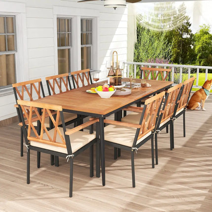9 Pieces Patio Dining Set with 1.9 Inch Umbrella Hole and Seat Cushions - Patio Dining Sets