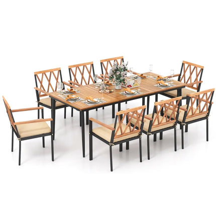 9 Pieces Patio Dining Set with 1.9 Inch Umbrella Hole and Seat Cushions - Patio Dining Sets