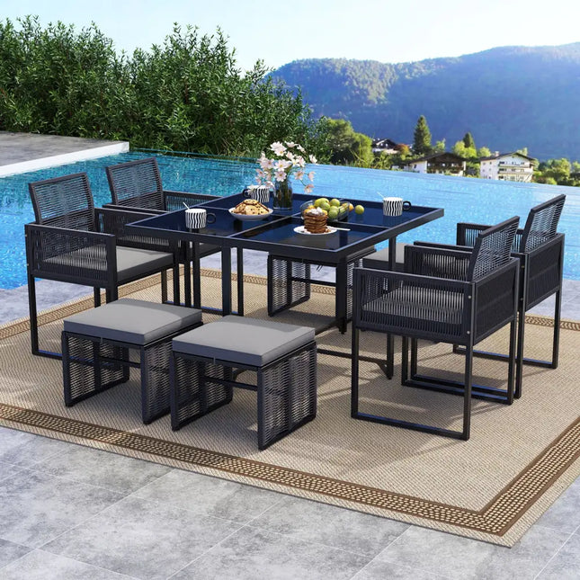 9 Pieces Patio Dining Set with Cushions for Yard Garden-Gray - Gray - Patio Conversation Sets