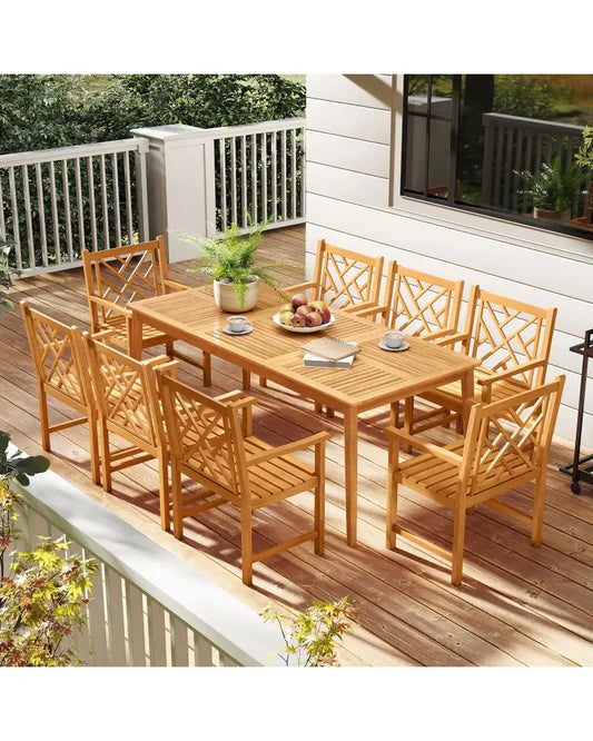 9-Pieces Patio Dining Table Set Wood Rectangular Dining Table with 8 Chairs and Slatted Tabletop - Patio Dining Sets