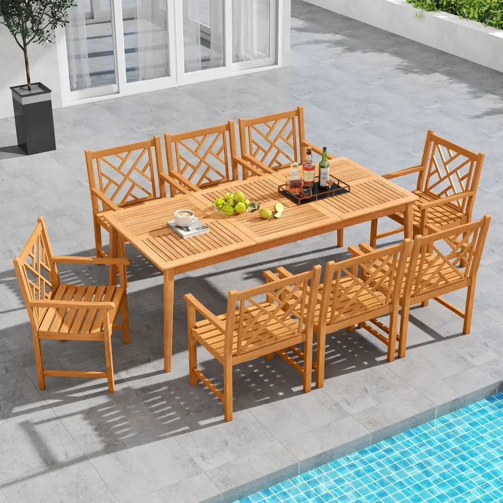 9-Pieces Patio Dining Table Set Wood Rectangular Dining Table with 8 Chairs and Slatted Tabletop - Patio Dining Sets