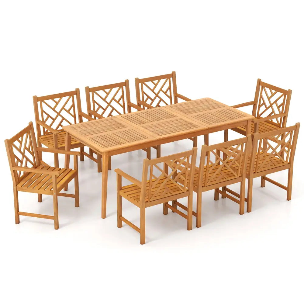9-Pieces Patio Dining Table Set Wood Rectangular Dining Table with 8 Chairs and Slatted Tabletop - Patio Dining Sets
