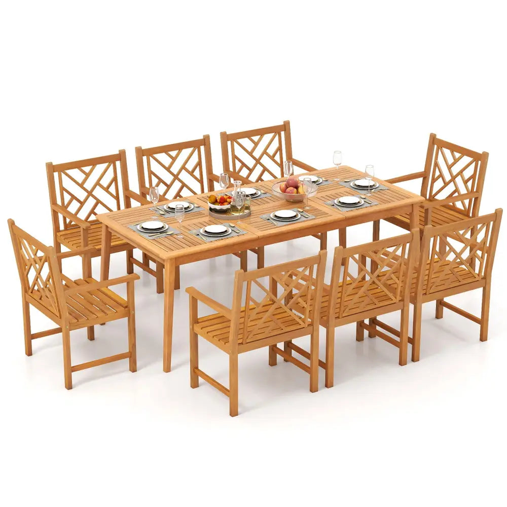 9-Pieces Patio Dining Table Set Wood Rectangular Dining Table with 8 Chairs and Slatted Tabletop - Patio Dining Sets