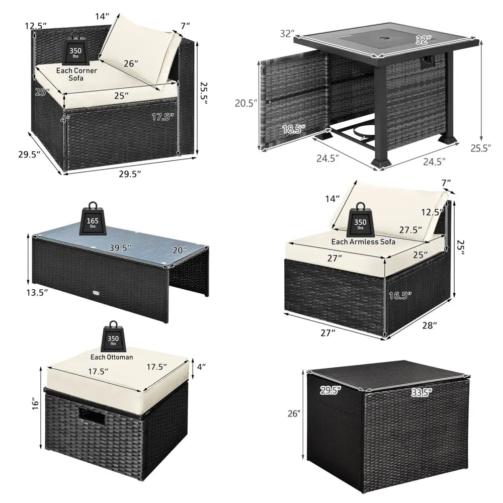 9 Pieces Patio Furniture Set with 32€ Fire Pit Table and 50000 BTU Square Propane Fire Pit-White - White - Patio
