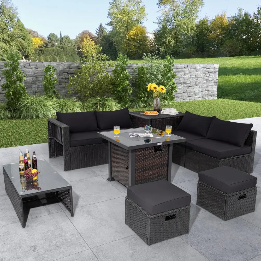 9 Pieces Patio Furniture Set with 32€ Fire Pit Table and 50000 BTU Square Propane Fire Pit-Black - Black - Patio
