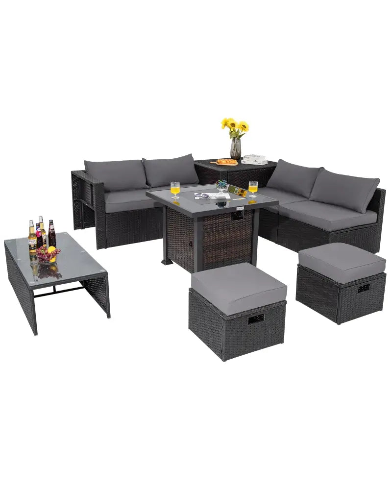9 Pieces Patio Furniture Set with 32€ Fire Pit Table and 50000 BTU Square Propane Fire Pit-Gray - Gray - Patio