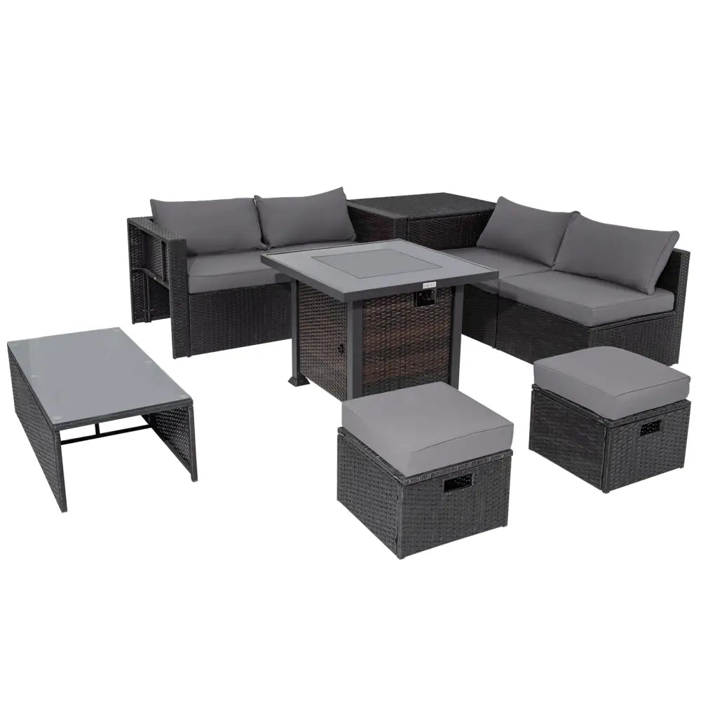 9 Pieces Patio Furniture Set with 32€ Fire Pit Table and 50000 BTU Square Propane Fire Pit-Gray - Gray - Patio