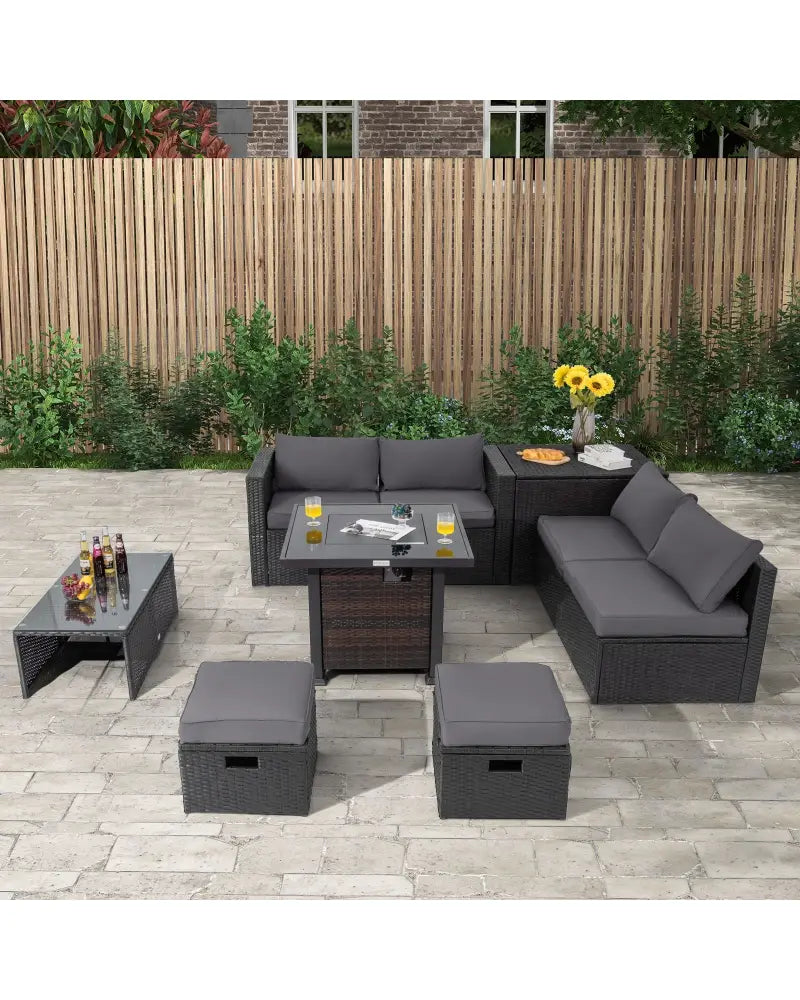 9 Pieces Patio Furniture Set with 32€ Fire Pit Table and 50000 BTU Square Propane Fire Pit-Gray - Gray - Patio