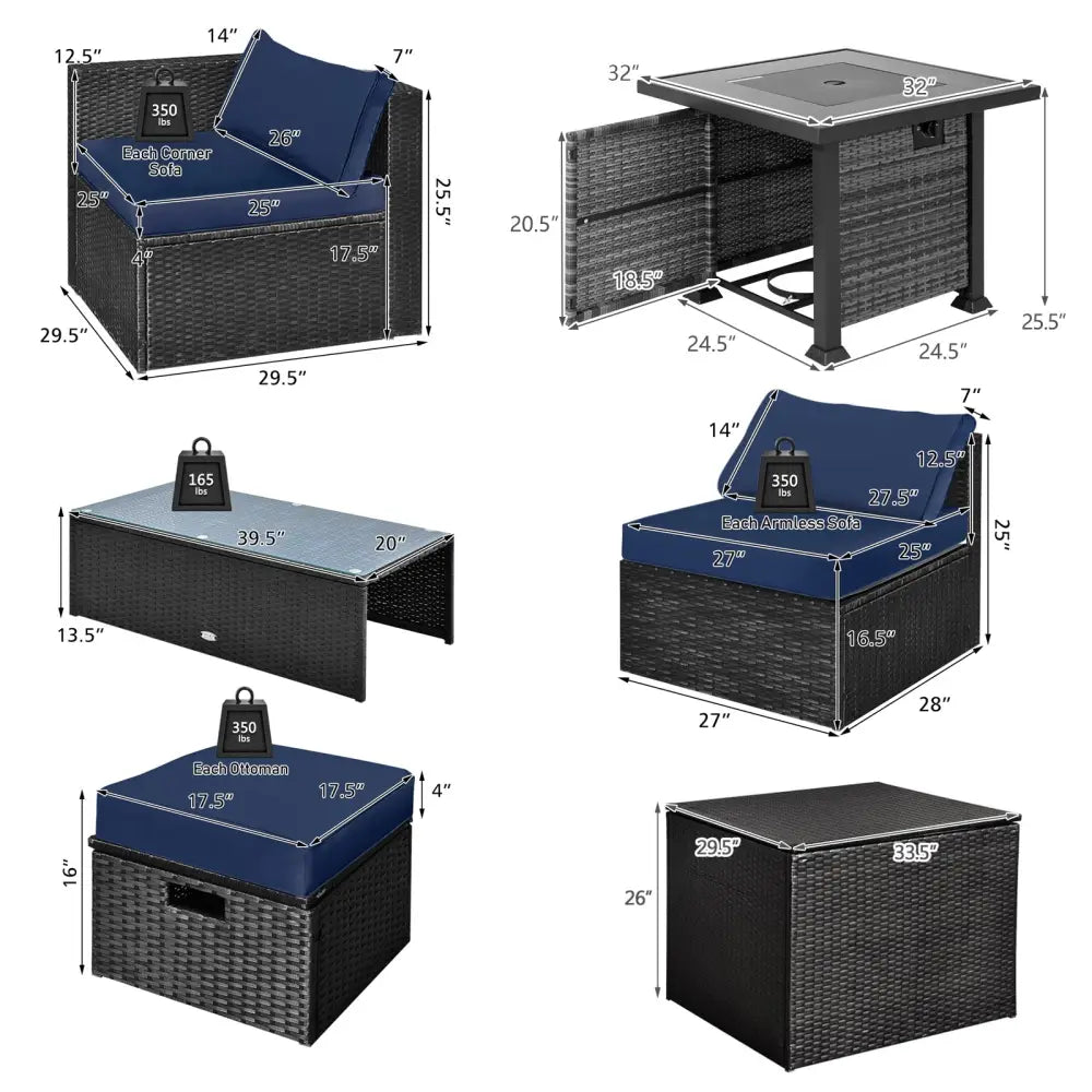 9 Pieces Patio Furniture Set with 32€ Fire Pit Table and 50000 BTU Square Propane Fire Pit-Navy - Navy - Patio