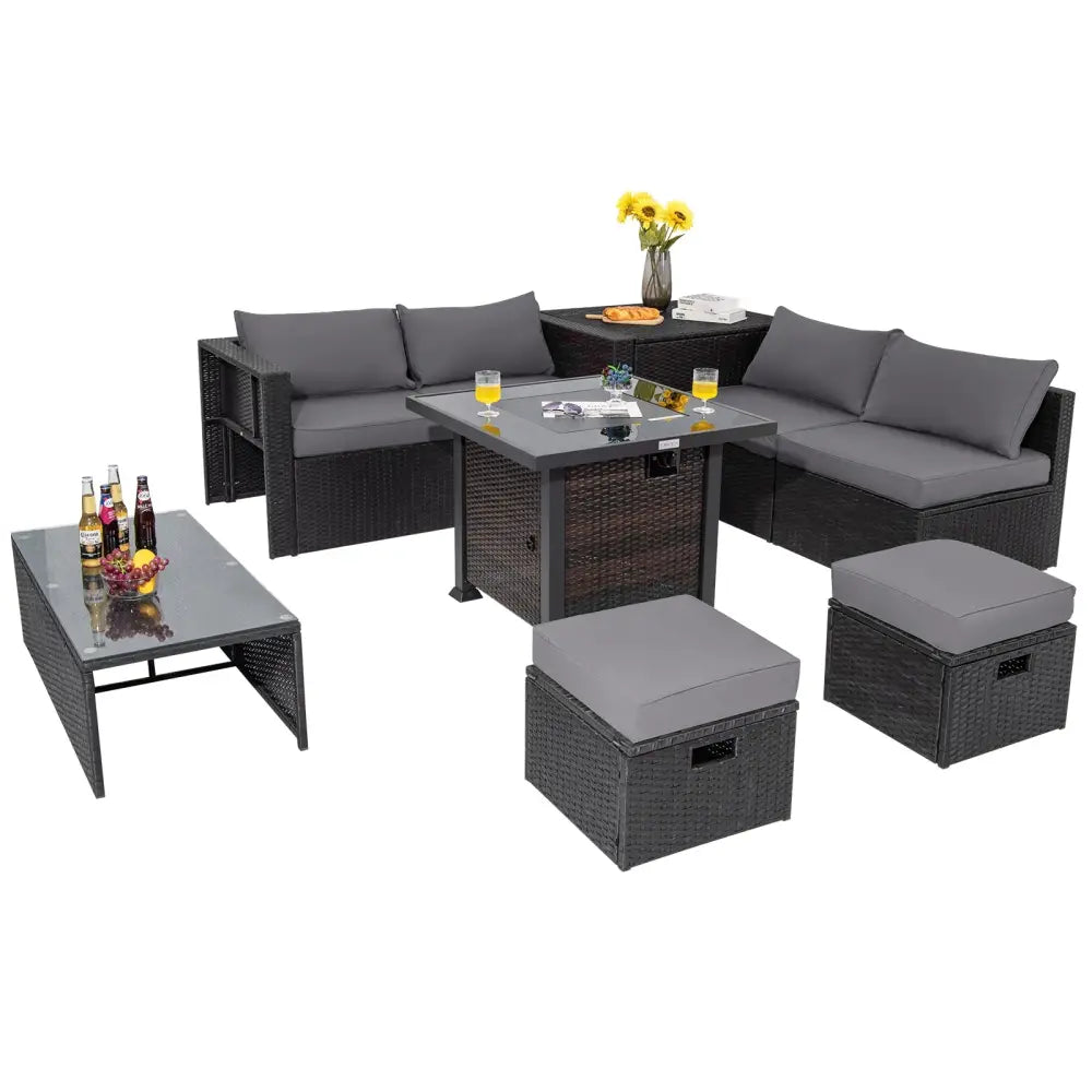9 Pieces Patio Furniture Set with 32€ Fire Pit Table and 50000 BTU Square Propane Fire Pit-Gray - Gray - Patio