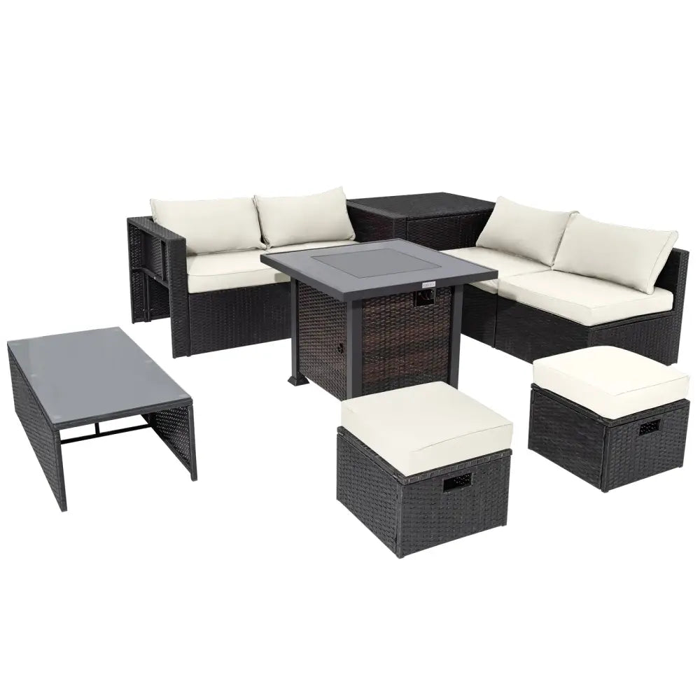 9 Pieces Patio Furniture Set with 32€ Fire Pit Table and 50000 BTU Square Propane Fire Pit-White - White - Patio
