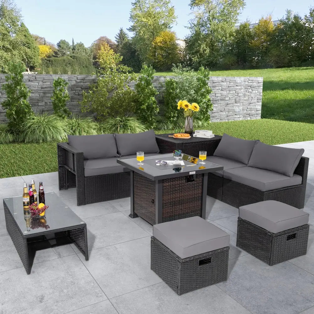 9 Pieces Patio Furniture Set with 32€ Fire Pit Table and 50000 BTU Square Propane Fire Pit-Gray - Gray - Patio